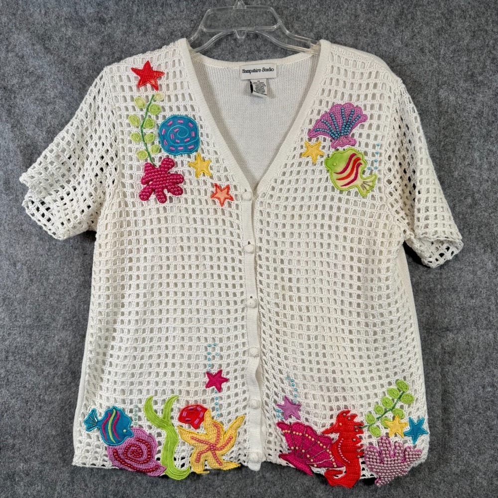 Vintage Ocean Applique Sweater Cardigan Womens Medium Summer White Loose Knit